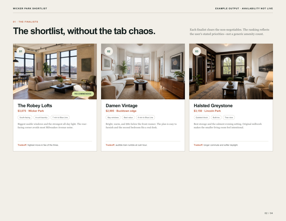 Side-by-side comparison from the Apartment Hunt Agent example