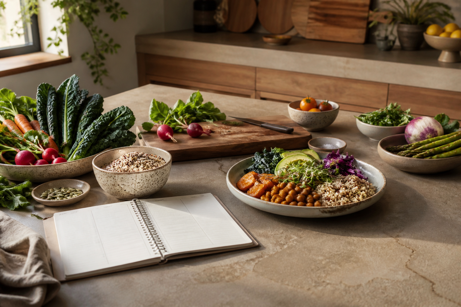 A colorful grain bowl and fresh ingredients on a kitchen counter.